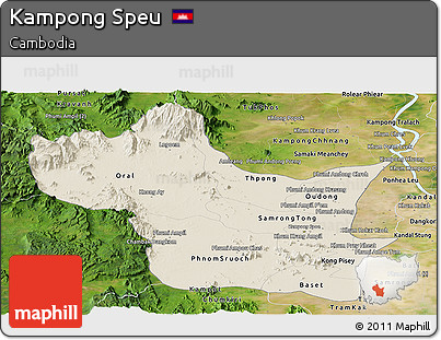 Shaded Relief Panoramic Map of Kampong Speu, satellite outside