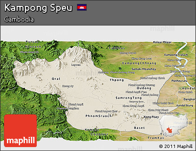 Shaded Relief Panoramic Map of Kampong Speu, satellite outside