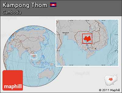Gray Location Map of Kampong Thom, within the entire country, hill shading
