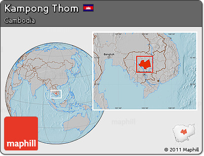 Gray Location Map of Kampong Thom, within the entire country, hill shading