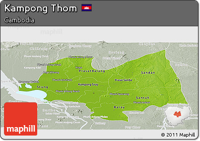 Physical Panoramic Map of Kampong Thom, lighten, semi-desaturated