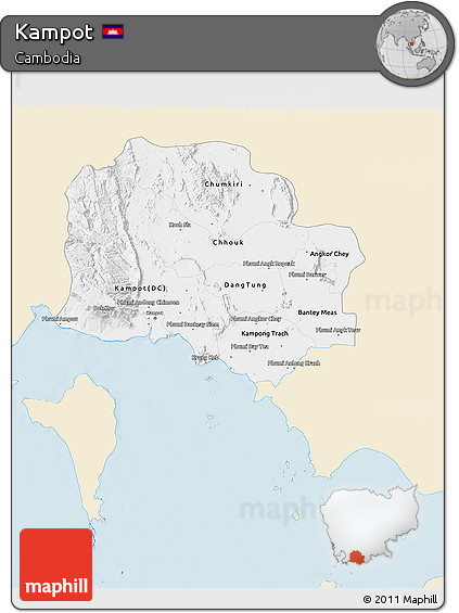 Classic Style 3D Map of Kampot, single color outside