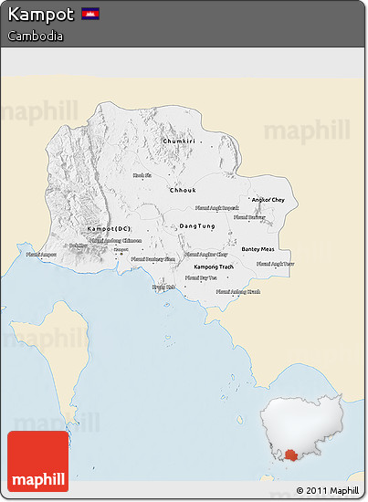 Classic Style 3D Map of Kampot, single color outside