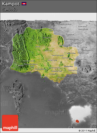 Satellite 3D Map of Kampot, desaturated