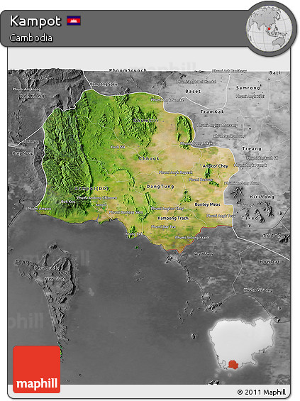 Satellite 3D Map of Kampot, desaturated