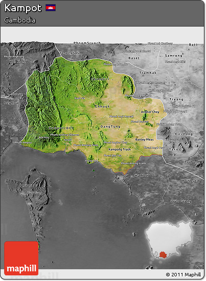 Satellite 3D Map of Kampot, desaturated