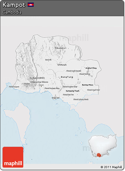 Silver Style 3D Map of Kampot, single color outside
