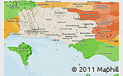 Shaded Relief Panoramic Map of Kampot, political shades outside