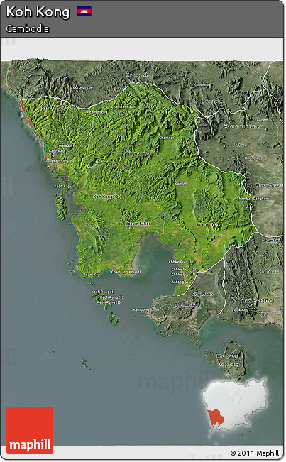 Satellite 3D Map of Koh Kong, semi-desaturated