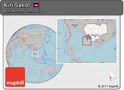 Gray Location Map of Kiri Sakor, highlighted country, highlighted parent region, hill shading
