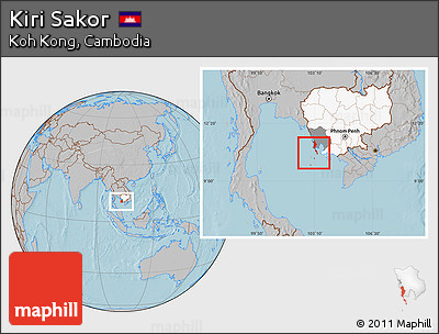 Gray Location Map of Kiri Sakor, highlighted country, highlighted parent region, hill shading