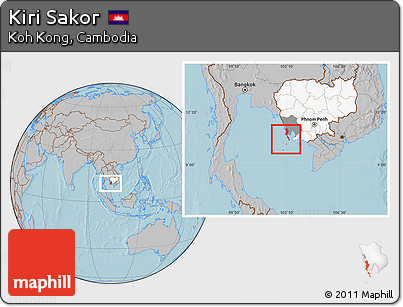 Gray Location Map of Kiri Sakor, highlighted country, highlighted parent region, hill shading