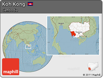 Savanna Style Location Map of Koh Kong, highlighted country, hill shading