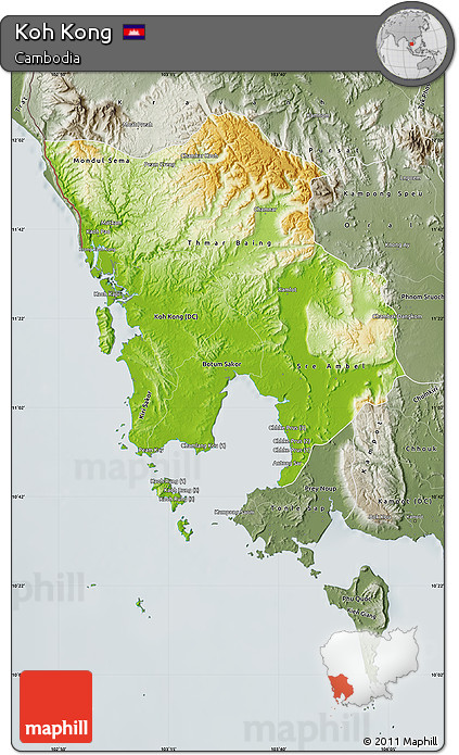 Physical Map of Koh Kong, semi-desaturated