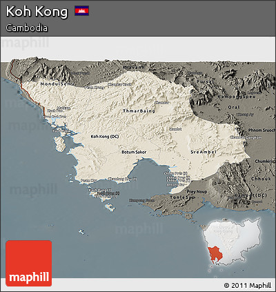 Shaded Relief Panoramic Map of Koh Kong, darken