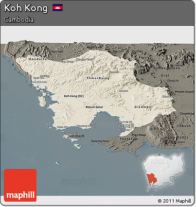 Shaded Relief Panoramic Map of Koh Kong, darken