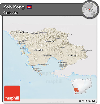Shaded Relief Panoramic Map of Koh Kong, single color outside
