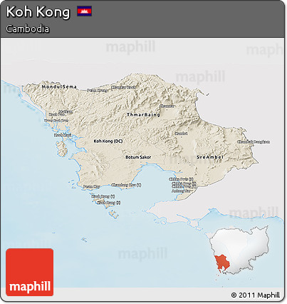 Shaded Relief Panoramic Map of Koh Kong, single color outside