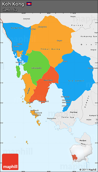 Political Simple Map of Koh Kong, single color outside, borders and labels