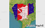 Flag Map of Cambodia, satellite outside, flag aligned to the middle