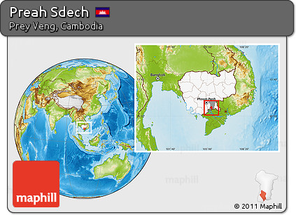Physical Location Map of Preah Sdech, highlighted country, highlighted parent region, within the entire country