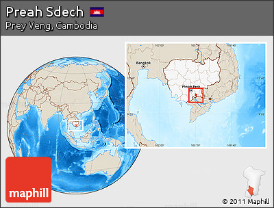 Shaded Relief Location Map of Preah Sdech, highlighted country