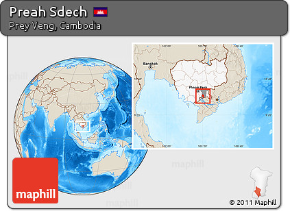 Shaded Relief Location Map of Preah Sdech, highlighted country, highlighted parent region