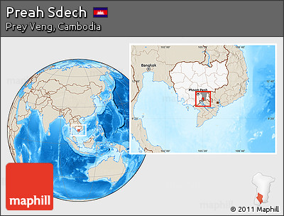 Shaded Relief Location Map of Preah Sdech, highlighted country, highlighted parent region