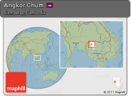Savanna Style Location Map of Angkor Chum, highlighted parent region, hill shading