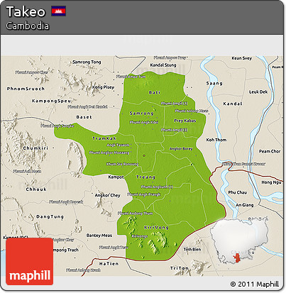 Physical 3D Map of Takeo, shaded relief outside