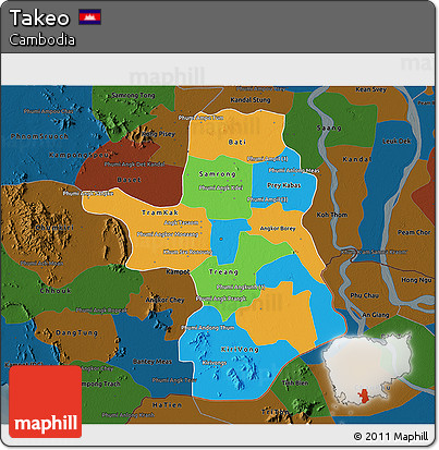 Political 3D Map of Takeo, darken