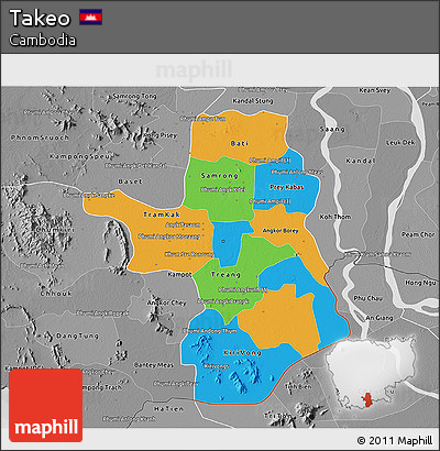 Political 3D Map of Takeo, desaturated