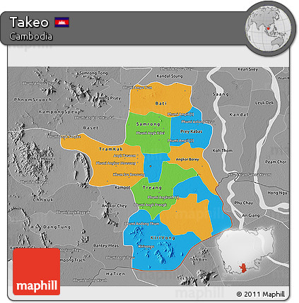 Political 3D Map of Takeo, desaturated
