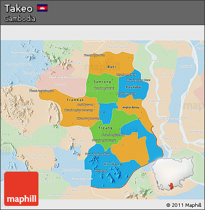 Political 3D Map of Takeo, lighten