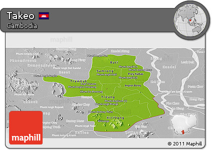 Physical Panoramic Map of Takeo, lighten, desaturated