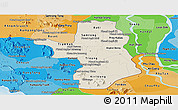 Shaded Relief Panoramic Map of Takeo, political shades outside