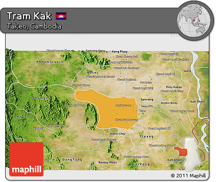 Political 3D Map of Tram Kak, satellite outside
