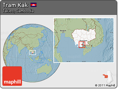 Savanna Style Location Map of Tram Kak, highlighted country, highlighted parent region, within the entire country, hill shading