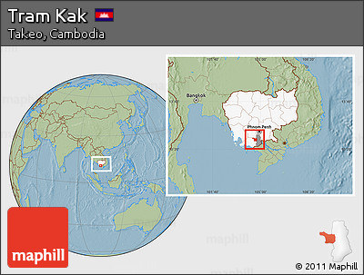 Savanna Style Location Map of Tram Kak, highlighted country, highlighted parent region, within the entire country, hill shading