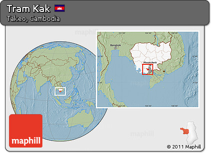Savanna Style Location Map of Tram Kak, highlighted country, highlighted parent region, hill shading