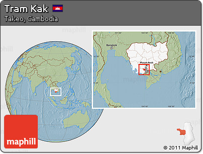 Savanna Style Location Map of Tram Kak, highlighted country, highlighted parent region, hill shading