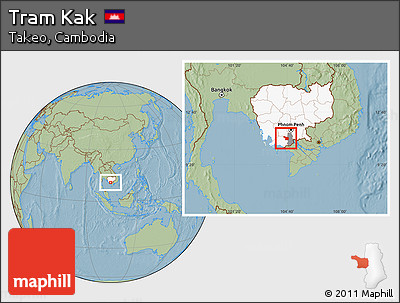Savanna Style Location Map of Tram Kak, highlighted country, highlighted parent region, hill shading