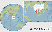 Savanna Style Location Map of Tram Kak, highlighted country, highlighted parent region, hill shading