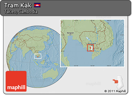 Savanna Style Location Map of Tram Kak, highlighted parent region, within the entire country, hill shading