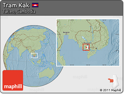 Savanna Style Location Map of Tram Kak, highlighted parent region, within the entire country, hill shading