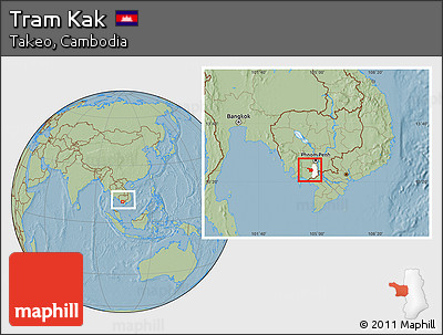 Savanna Style Location Map of Tram Kak, highlighted parent region, within the entire country, hill shading