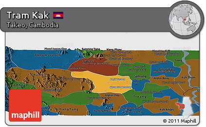 Political Panoramic Map of Tram Kak, darken