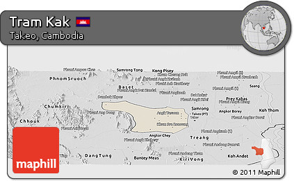 Shaded Relief Panoramic Map of Tram Kak, desaturated