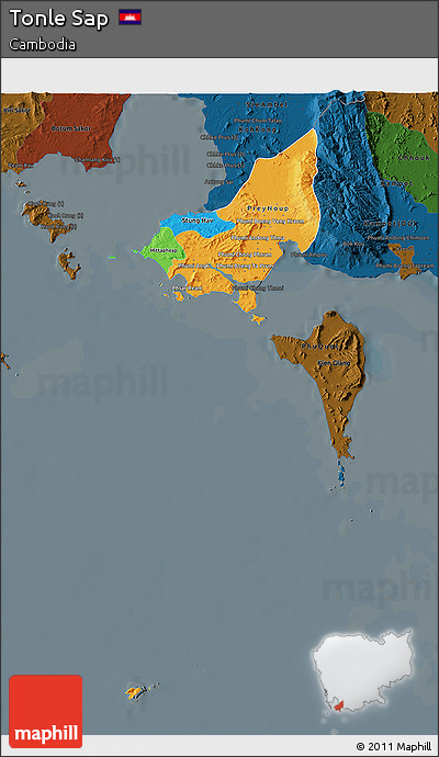 Political 3D Map of Tonle Sap, darken