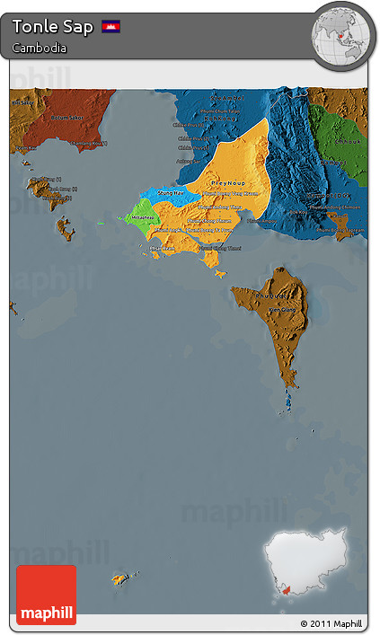 Political 3D Map of Tonle Sap, darken